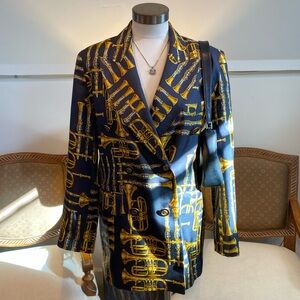 Vintage 1980s Black and Gold Instrument Print Blazer Suit Jacket, 100% Silk